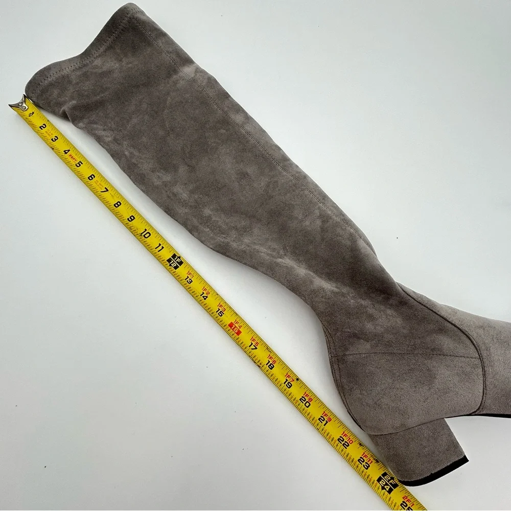 Faux Suede Over The Knee Boot‎ Size 8 Point Toe Block Heel Gray Neutral Baddie